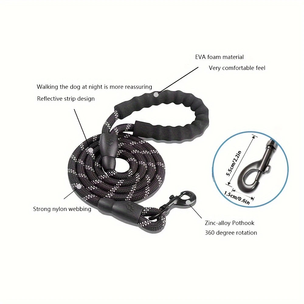 1pc Heavy-Duty Reflective Dog Leash with Padded Handle - Dual Traction Rope for Large Dogs.